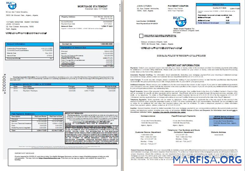 Realistic Algeria Banque exterieure d'Algerie bank mortgage statement, 3 pages 1 2 scr example
